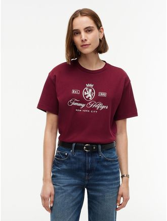 Tommy Hilfiger Womens Relaxed Fit Crest Logo Interlock T-Shirt - Burgundy - XXL