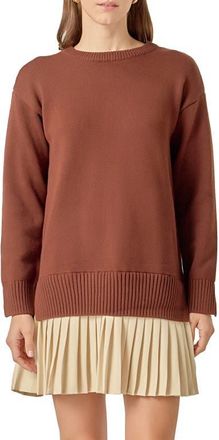 English Factory Mixed Media Long Sleeve Pleated Minidress in Chocolate Brown/Tan at Nordstrom, Size X-Small