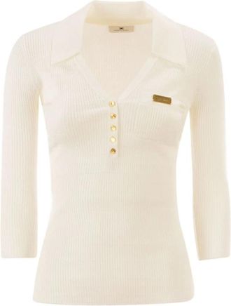 Elisabetta Franchi Micro-gebreide poloshirt - Dames - V-hals truien - Beige - S - Truien & Vesten