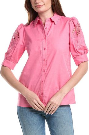 T Tahari Embroidered Sleeve Linen-Blend Blouse