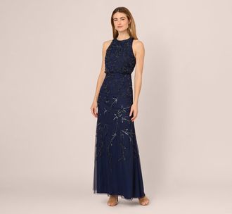 Adrianna Papell Sleeveless Blouson Mermaid Gown With Jasmine Beading In Light Navy