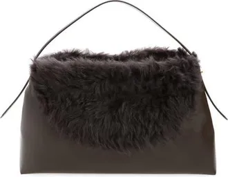 Toteme T-Lock Leather & Genuine Shearling Top Handle Bag in Bark at Nordstrom