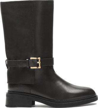 Kazar Platte leren laarzen versierd met een band - Dames - Hoge Laarzen - Zwart - 35 EU - Leer - Schoenen