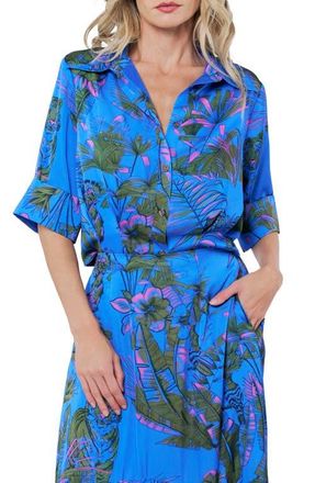 Ciebon Aurelia Palm Print Elbow Sleeve Button-Up Shirt in Blue Multi at Nordstrom, Size X-Small