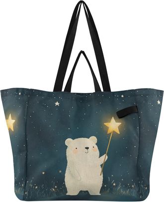 Generic Bear Star Yellow pattern Reusable Canvas Tote Bag, Heavy Duty Grocery Shopping Bag with Hard Bottom Double Handles Large Capacity Work Groceries Trave