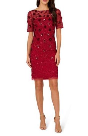 Adrianna Papell Sequin Mesh & Velvet Cocktail Sheath Dress in Cranberry at Nordstrom Rack, Size 8