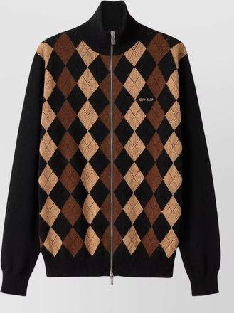 Miu Miu cashmere ribbed argyle oversized turtleneck cardigan