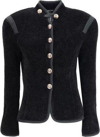 Giorgio Armani Truien & Vesten, Dames, Zwart, L, Leer, Zijden Blazer met Decoratieve Metalen Knopen