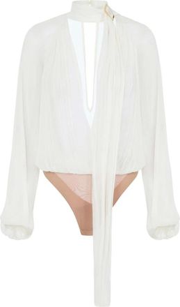 Elisabetta Franchi Tops, Dames, Beige, L, Bodysuit in cr&ecirc;pe stof met ceintuur