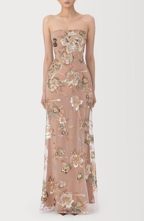 Sau Lee Pippa Floral Embellished Mesh Gown in Taupe Multi at Nordstrom, Size 14