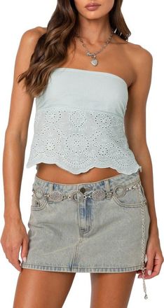 Edikted Eyelet Embroidered Cotton Tube Top in Mint at Nordstrom, Size Medium