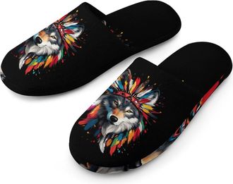Generic Native Indian Wolf Colorful Cotton Slippers for Men Memory Foam House Slippers Soft Anti-skid Sole Indoor Outdoor Shoes