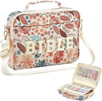 Generic Bible Bags,Chenille Letter Adjustable Shoulder Strap Church Organizer | Flowers Print Bible Carrying Case with Handle | for Women Teacher School Colle