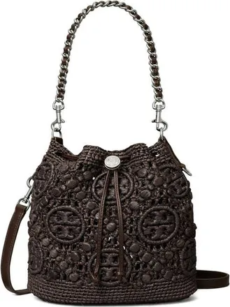 Tory Burch T Monogram Raffia Bucket Bag in Cocoa at Nordstrom