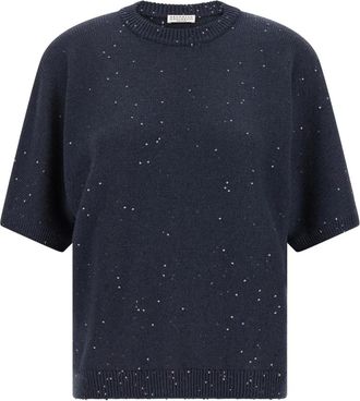 Brunello Cucinelli Diamante Sweater - Dames - Cashmere truien - Blauw - S - Kasjmier - Truien & Vesten