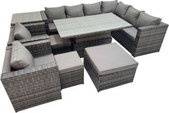 Fimous Fimous 11 Seater Rattan Height Adjustable Rising Lifting Table Corner Sofa Sets with 2 Chairs 3 Stool Side Table Dark Grey Mixed