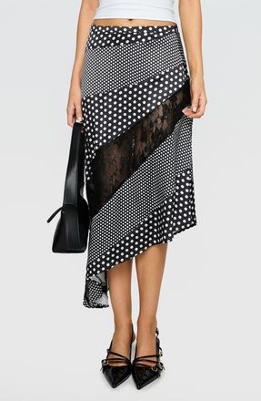 Princess Polly Midnight Memories Mixed Polka Dot & Lace Asymmetric Midi Skirt in Black Multi at Nordstrom, Size 4