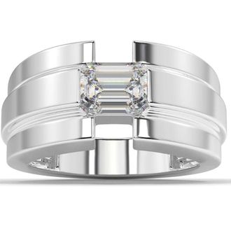 Pompeii3 2 Ct Emerald Cut Moissanite Solitaire 12mm Mens Ring White Yellow or Rose Gold