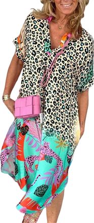 Generic Womens Floral Printed Wrap V Neck Short Sleeve Split Beach Party Maxi Dress,Womens Casual Dresses Loose (Leopard,2XL)