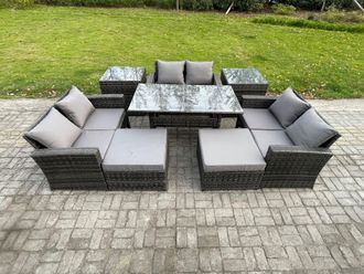 Fimous Wicker PE Rattan Garden Furniture Sets Outdoor Lounge Sofa Set with Oblong Dining Table Double Seat Sofa 2 Big Footstool in Dark Grey