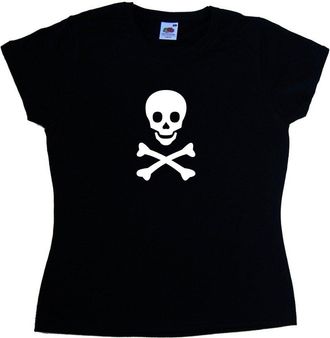 Tee Tree Designs Skull and Crossbones Pirate 2 Black Ladies T-Shirt (White Print)-Size 6