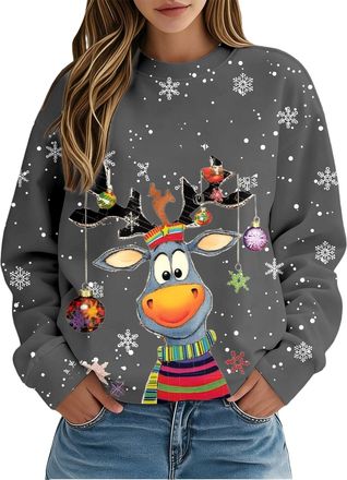 Generic Christmas Jumpers for Women Ladies Sweaters UK Tshirts Funny Printed Jumper Ugly Sweater Long Sleeve Pullover Winter Jumper Outwear Shirt Plus Size Cr