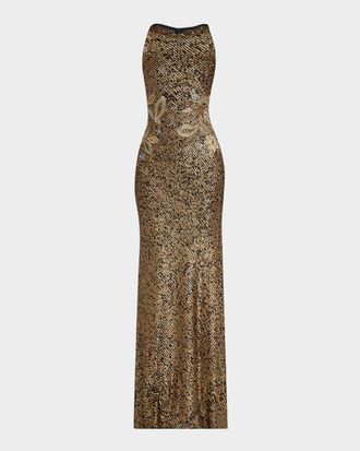 Naeem Khan Metallic Sequined Floral Halter Gown