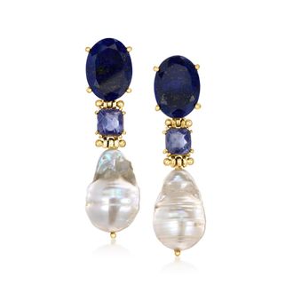 Ross-Simons 13-14mm Cultured Baroque Pearl and Iolite Drop Earrings With Lapis in 18kt Gold Over Sterling