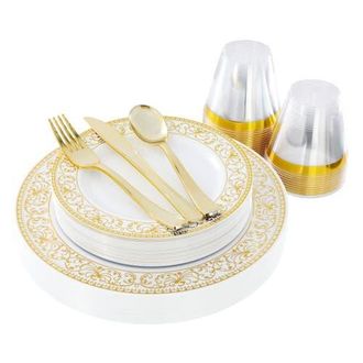 Elama 150 Piece Disposable Plastic Dinnerware Party Set for 25 Guests in Gold at Nordstrom