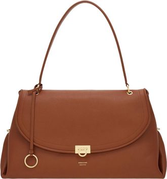 Ferragamo Embossed Leather Shoulder Bag with Hook-and-Eye Closure