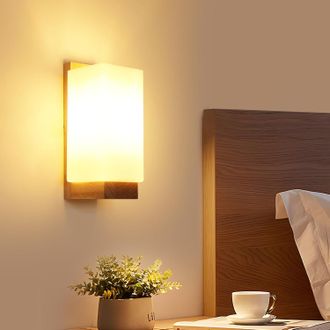 OEM Aplique De Pared De Madera Para Interiores, L&aacute;mpara De Pared Vintage Con Pantalla De Cristal, Aplique De Pared Cuadrado E27 Para Dormitorio, Sala De E