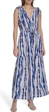 Calvin Klein Sleeveless Drawstring Waist Maxi Dress in Indigo Multi at Nordstrom Rack, Size 12
