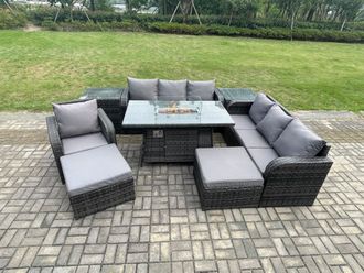 Fimous 9 Seater Rattan Garden Furniture Set Gas Fire Pit Dining Table Reclining Chair 3 Seater Sofa Set Indoor Outdoor with 2 Side Tables in Dark Grey