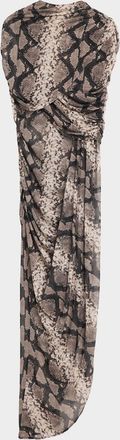 Sally Lapointe Snakeskin-Print Mesh Draped Capelet Maxi Dress