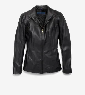 Cole Haan Womens Wing Collar Leather Jacket - Black Size Medium