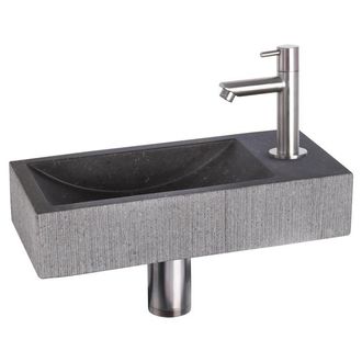 Differnz Ribble fonteinset - 38x18x8cm - Rechthoek - 1 kraangat - recht chroom mat kraan - natuursteen zwart