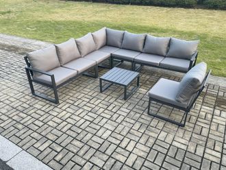 Fimous 8 Seater Patio Outdoor Garden Furniture Aluminium Lounge Corner Sofa Set with Square Coffee Table Dark Grey