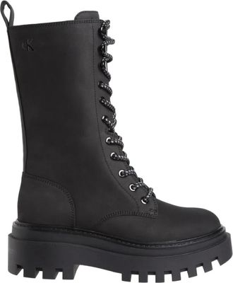 Calvin Klein Jeans Zwarte Veters Flatform Enkellaarzen - Dames - Veterlaarzen - Zwart - 41 EU - Leer - Schoenen