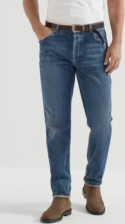 Brunello Cucinelli Lightweight denim traditional fit five-pocket trousers in Medium Denim at Nordstrom, Size 52