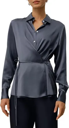 LilySilk Womens Convertible Silk Charmeuse Shirt in Night Lake at Nordstrom, Size Small