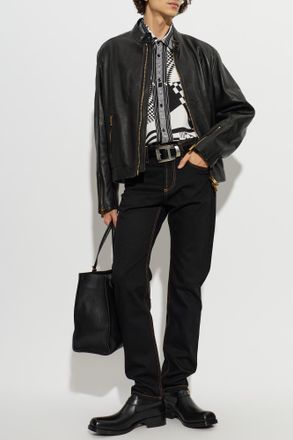 Versace Leather Jacket With Stand-up Collar, Mens, Black