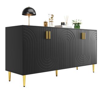 STILVORA Aparador Con 4 Puertas Y 2 Cajones, Frentes Ondulados, Tiradores Y Patas Doradas, Moderno, En Mdf, 152&times;40&times;75 Cm, Negro