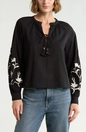 Joie Embroidered Tie Neck Top in Black W/Ecru Embroidery at Nordstrom Rack, Size X-Small