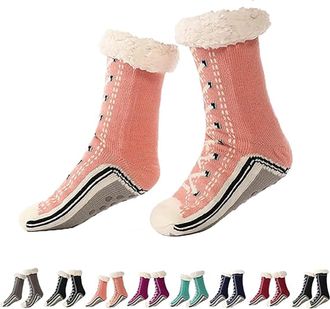 Generic Ultra-Thick Cashmere Slipper Socks for Women, Home Non-slip Soft Cozy Fleece, Winter Warm Fluffy Christmas Sock with Grippers (Pink)