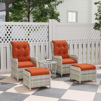 OUTSUNNY Recliner Rattan Garden Furniture w/ Two-tier Glass Top Table & Cushions, Orange