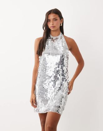 Vila vestito corto con scollo allamericana e paillettes a disco argento