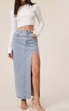 Mimosa Clara Denim High Slit Maxi Skirt In Blue