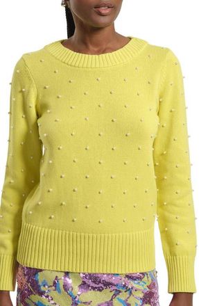 Isaac Mizrahi New York Faux Pearl Accent Cotton Crewneck Sweater in Lime at Nordstrom, Size X-Large