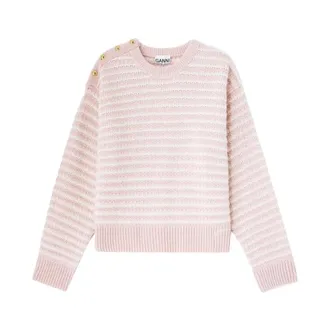 Ganni Round-neck Knitwear, female, Pink, Size: 2XS Stripe Wool Mix Jumper