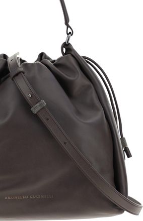 Brunello Cucinelli Womens Leather Shoulder Bag With Drawstring Closure Testa Moro Calf Bos Taurus